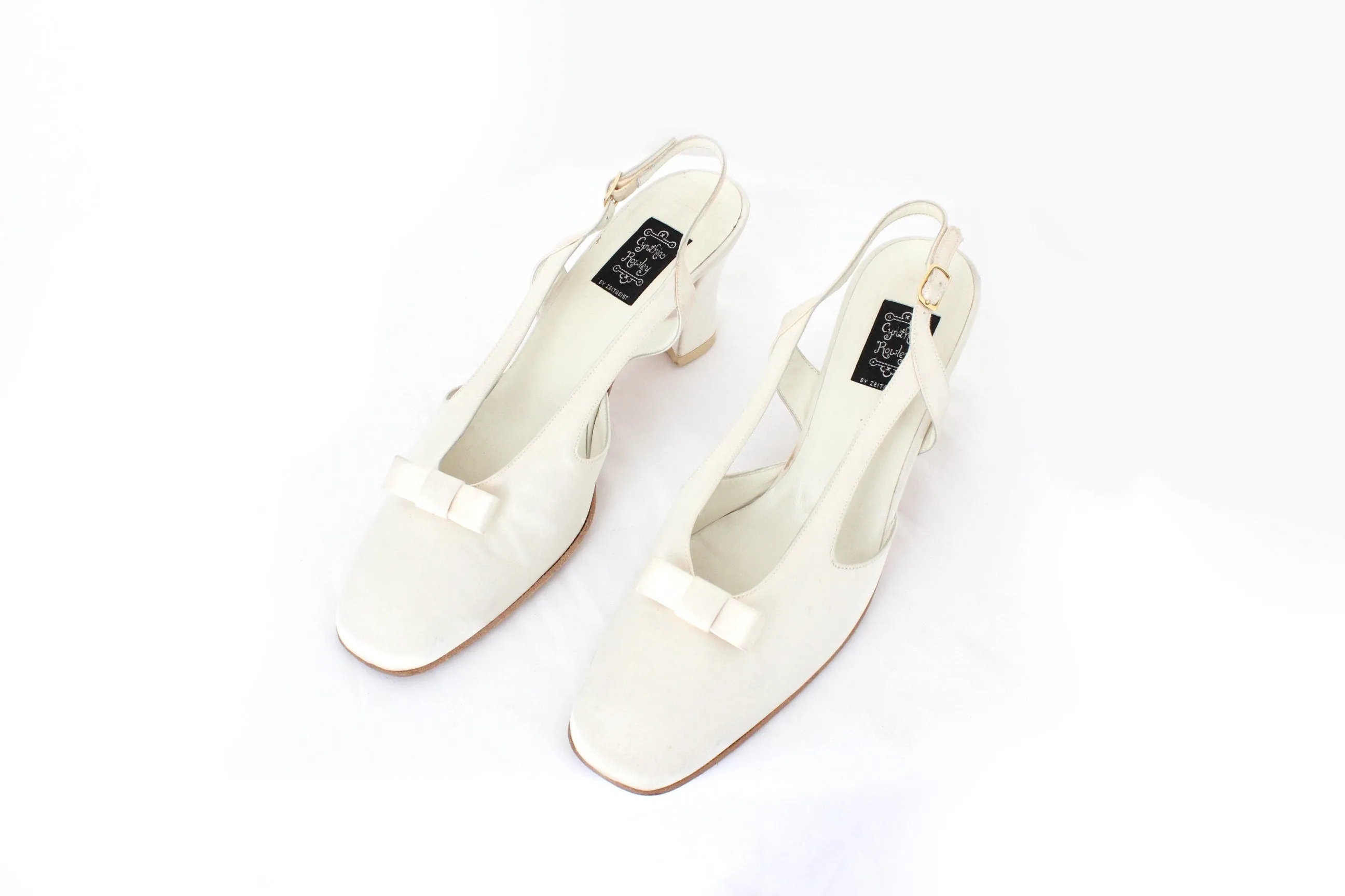 BALLETCORE 90s Designer Ivory Satin & Leather Heels ~ Euro 39.5