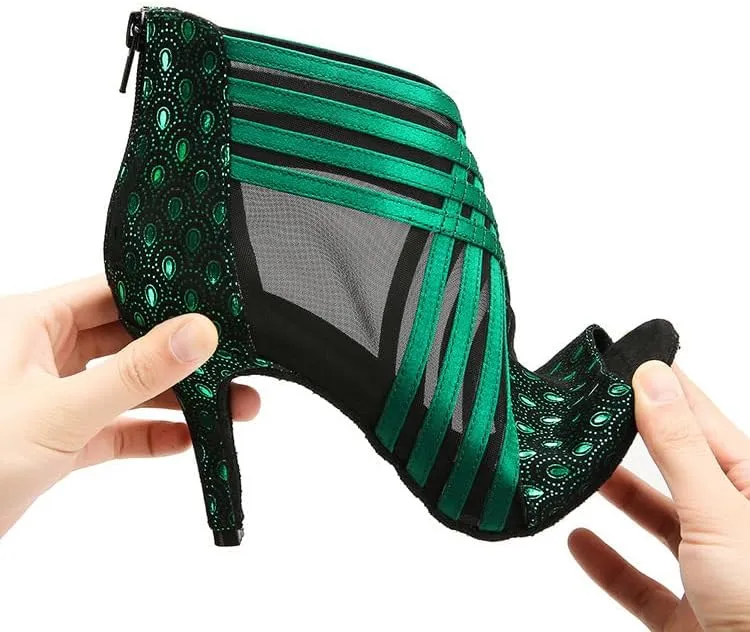 Ballroom Dance Shoes for Women Mesh Peep Toe Latin Salsa Dancing Sandals Women High Heels with Prints
