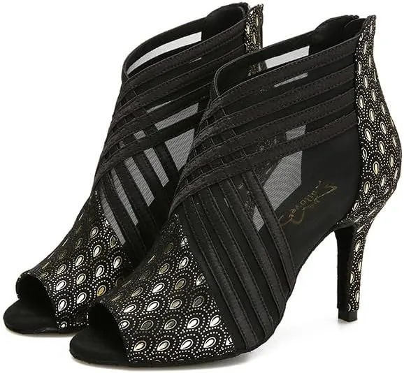 Ballroom Dance Shoes for Women Mesh Peep Toe Latin Salsa Dancing Sandals Women High Heels with Prints