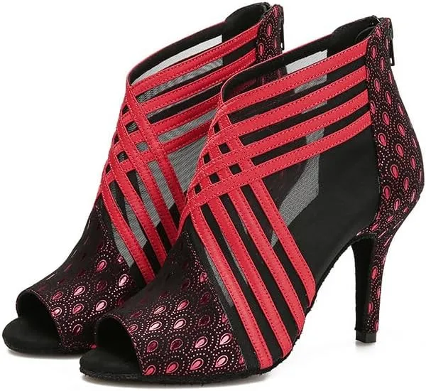 Ballroom Dance Shoes for Women Mesh Peep Toe Latin Salsa Dancing Sandals Women High Heels with Prints