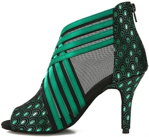Ballroom Dance Shoes for Women Mesh Peep Toe Latin Salsa Dancing Sandals Women High Heels with Prints