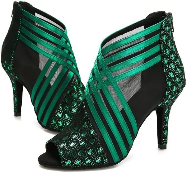 Ballroom Dance Shoes for Women Mesh Peep Toe Latin Salsa Dancing Sandals Women High Heels with Prints