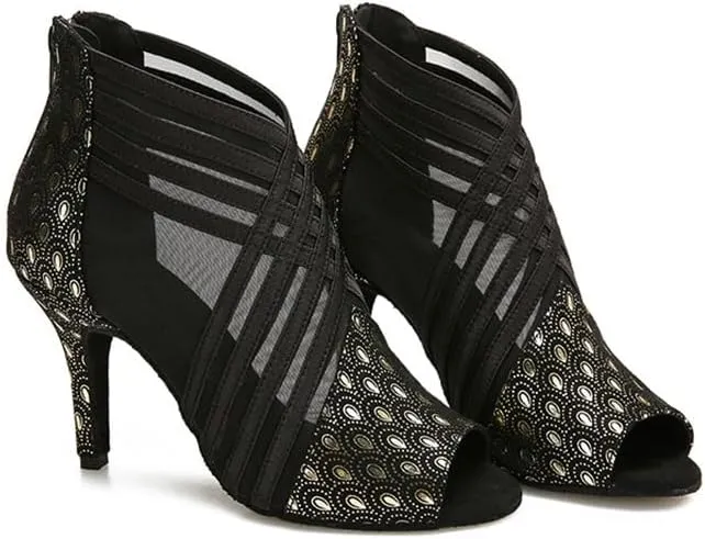 Ballroom Dance Shoes for Women Mesh Peep Toe Latin Salsa Dancing Sandals Women High Heels with Prints