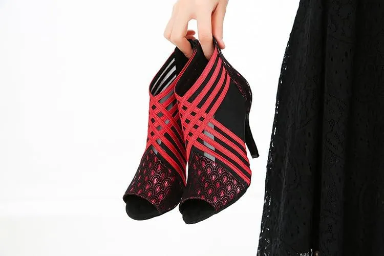 Ballroom Dance Shoes for Women Mesh Peep Toe Latin Salsa Dancing Sandals Women High Heels with Prints