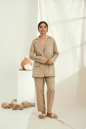 Beige linen blazer jacket set with hand embroidery