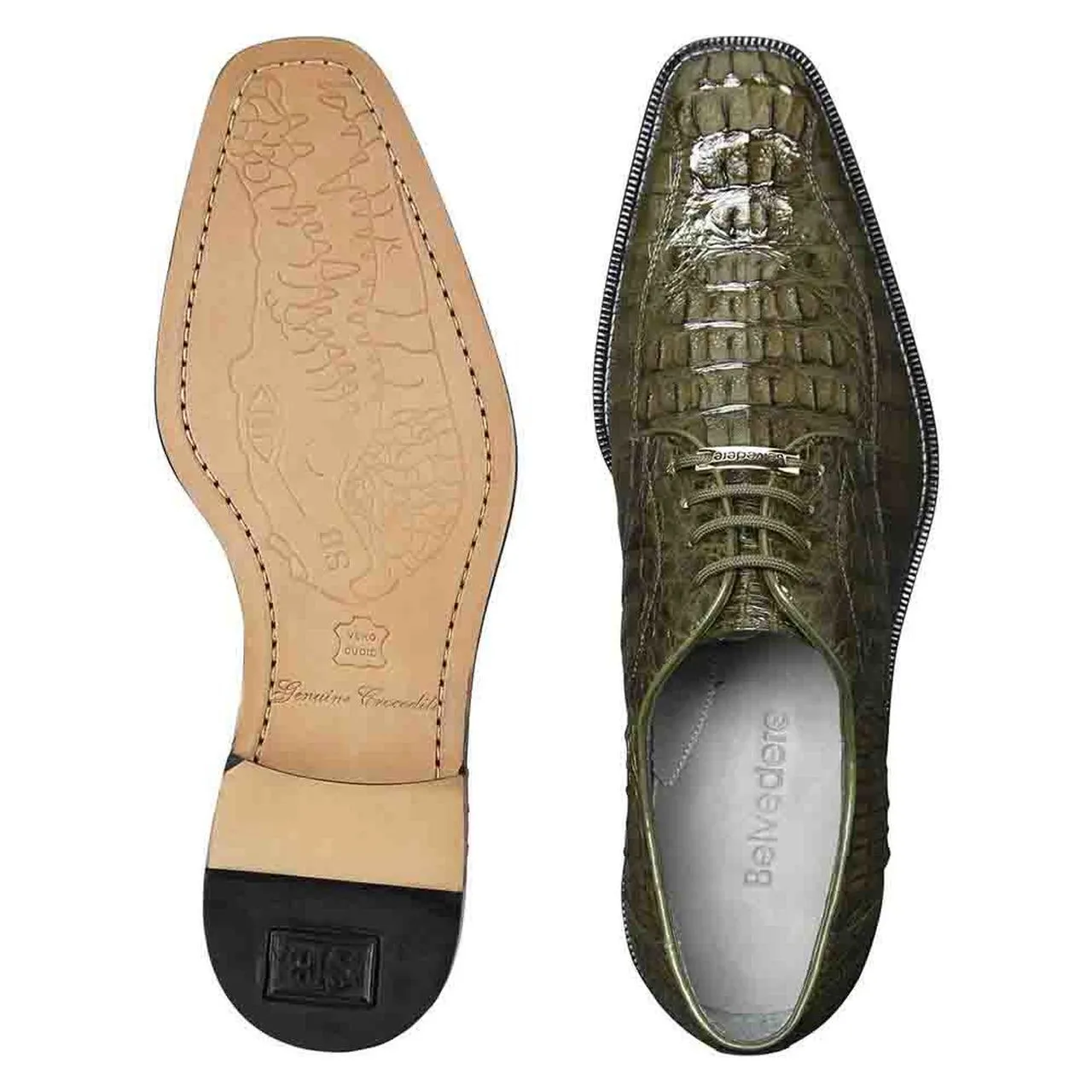 Belvedere Chapo Designer Shoes Men's Olive Green Genuine Hornback Crocodile Oxfords 1465 (CHAPO-OLIVE)