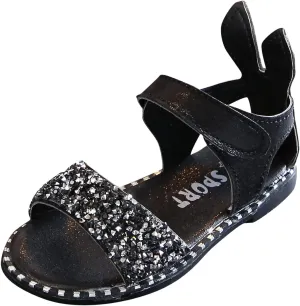 Chips Rhinestones Sequins Flat Sandals for Girls Soft Sole Non-Slip Open Toe Flower Sandals Kids Girls Sweet Shoes
