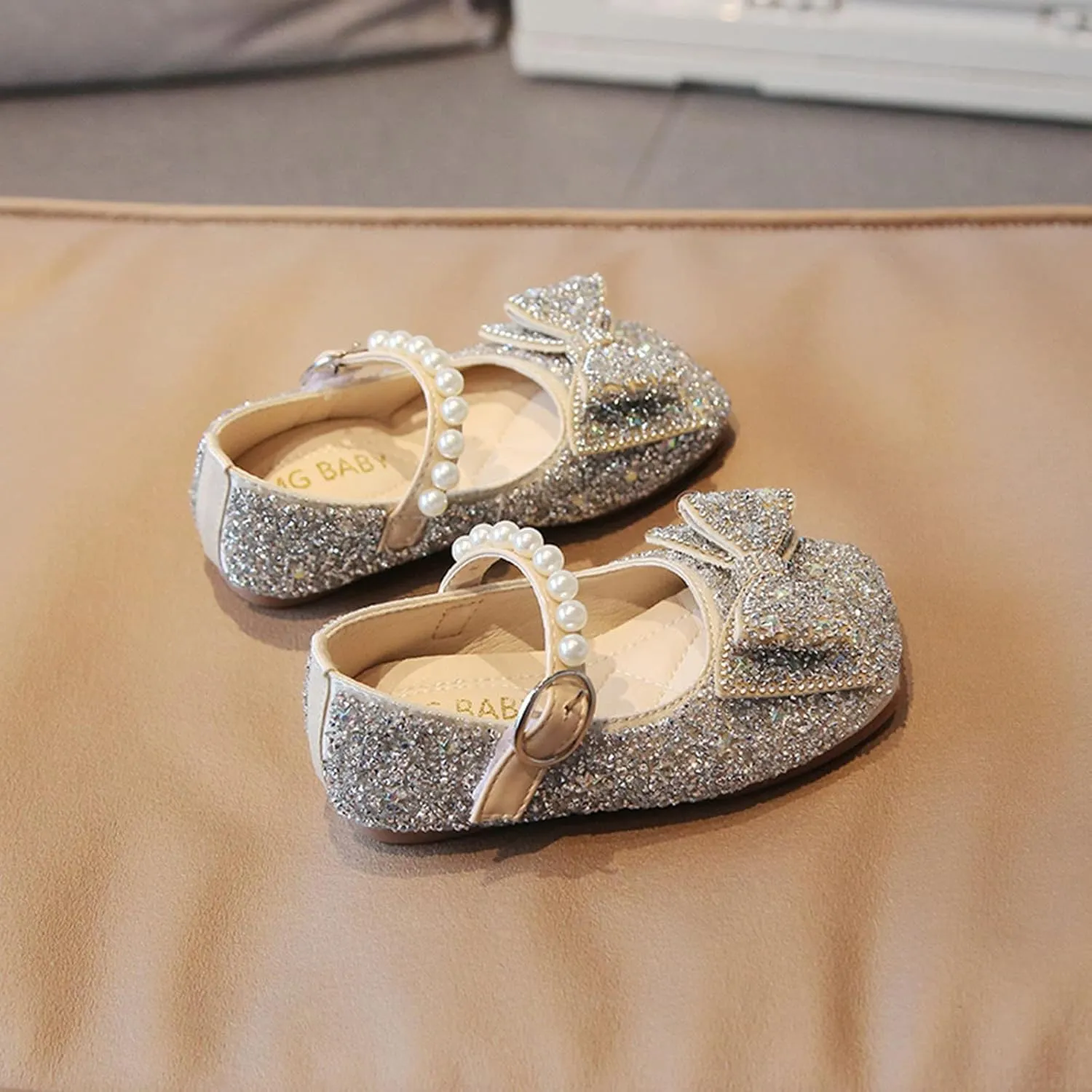 Fashion Autumn Girls Casual Shoes Rhinestone Sequin Bow Buckle Dress Shoes Dance Shoes Cute Shoes (Silver, 3.5-4 Years)