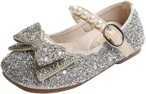 Fashion Autumn Girls Casual Shoes Rhinestone Sequin Bow Buckle Dress Shoes Dance Shoes Cute Shoes (Silver, 3.5-4 Years)