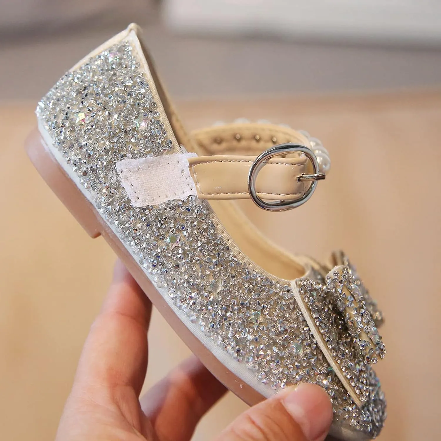 Fashion Autumn Girls Casual Shoes Rhinestone Sequin Bow Buckle Dress Shoes Dance Shoes Cute Shoes (Silver, 3.5-4 Years)