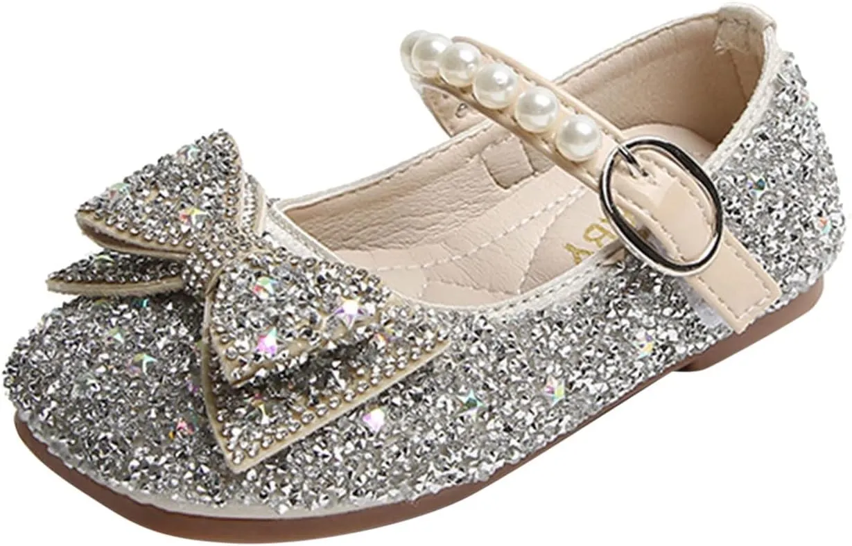 Fashion Autumn Girls Casual Shoes Rhinestone Sequin Bow Buckle Dress Shoes Dance Shoes Cute Shoes (Silver, 3.5-4 Years)