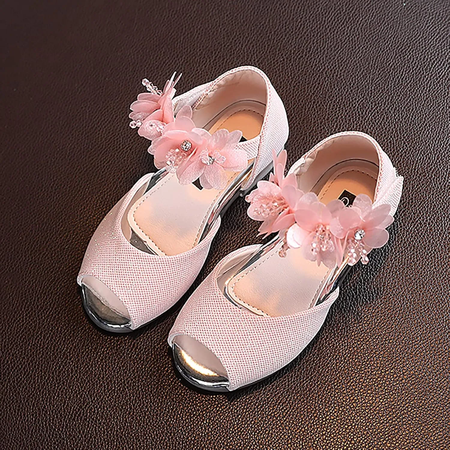 Flower Girls Dress Shoes 1 to 7 Years Open Toe Mary Jane Flats Party Wedding Ballet Dance Shoes with Flower Strap