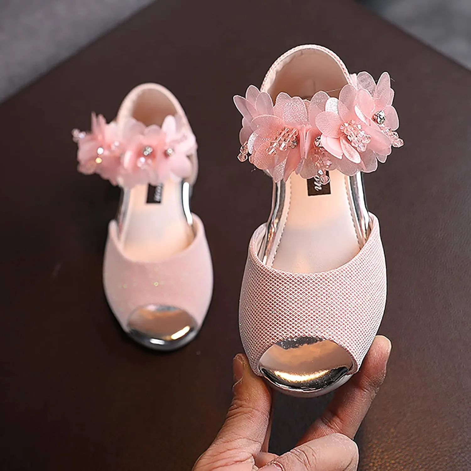 Flower Girls Dress Shoes 1 to 7 Years Open Toe Mary Jane Flats Party Wedding Ballet Dance Shoes with Flower Strap
