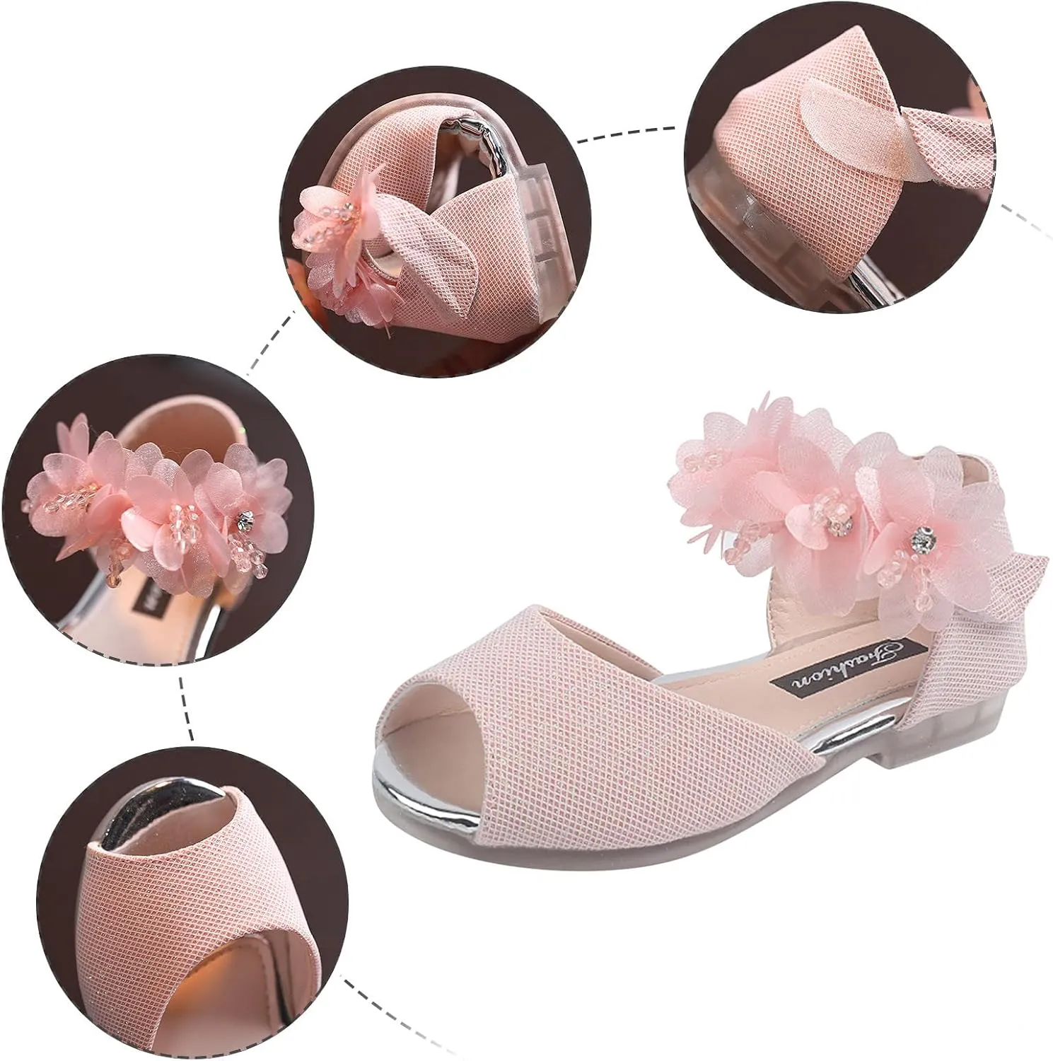 Flower Girls Dress Shoes 1 to 7 Years Open Toe Mary Jane Flats Party Wedding Ballet Dance Shoes with Flower Strap