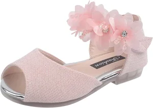 Flower Girls Dress Shoes 1 to 7 Years Open Toe Mary Jane Flats Party Wedding Ballet Dance Shoes with Flower Strap