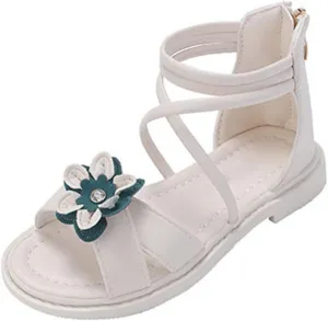Girls Floral Roman Sandals Kids Open Toe Ankle Strap Flat Sandals with Heel Zipper Princess Birthday Party Shoes