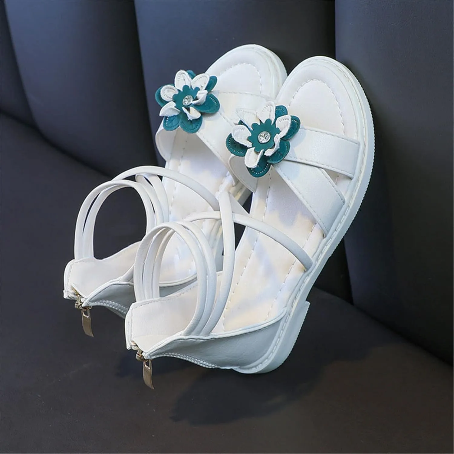Girls Floral Roman Sandals Kids Open Toe Ankle Strap Flat Sandals with Heel Zipper Princess Birthday Party Shoes