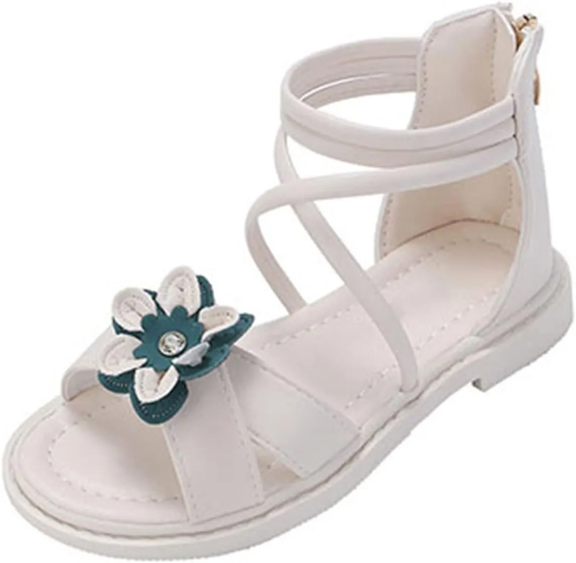 Girls Floral Roman Sandals Kids Open Toe Ankle Strap Flat Sandals with Heel Zipper Princess Birthday Party Shoes