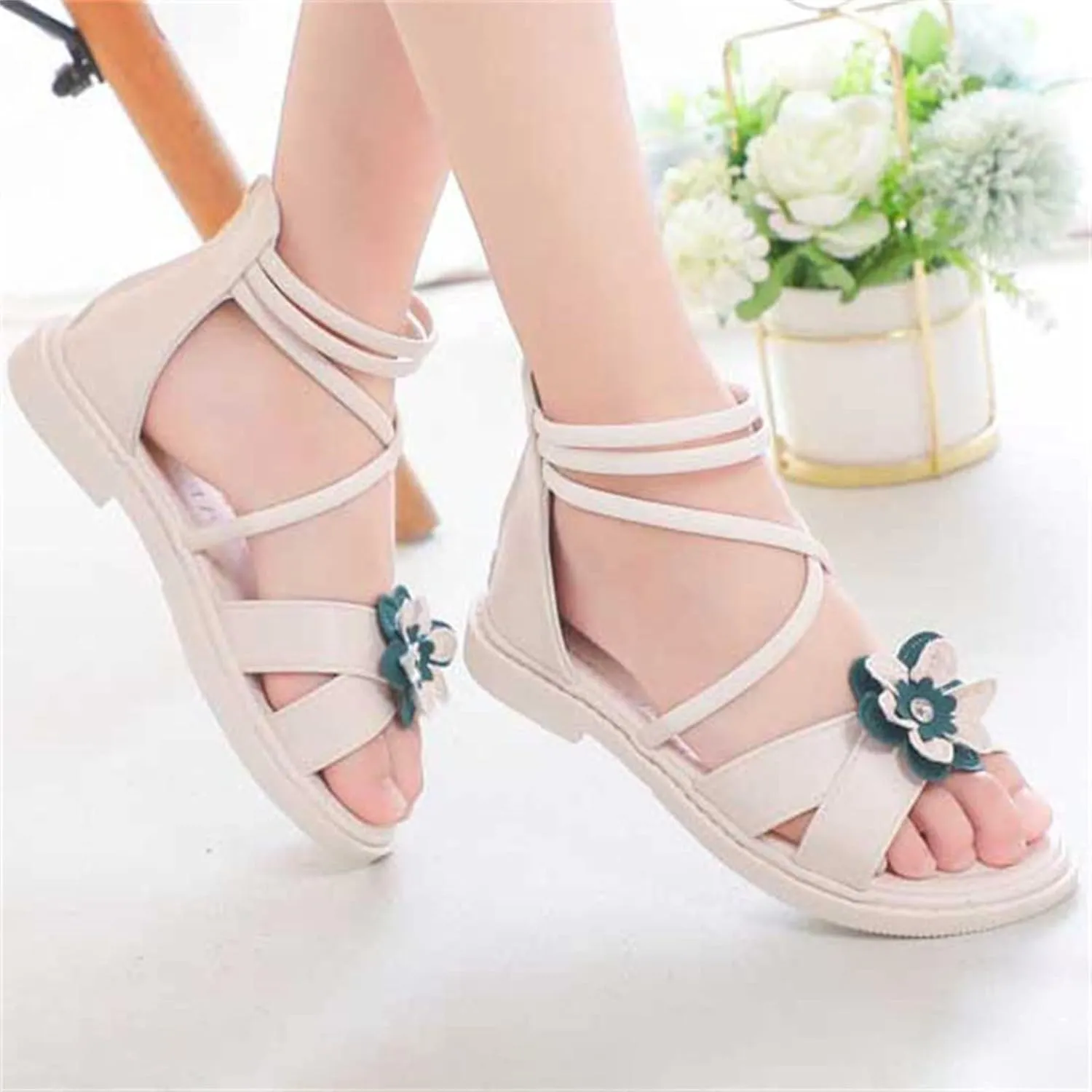 Girls Floral Roman Sandals Kids Open Toe Ankle Strap Flat Sandals with Heel Zipper Princess Birthday Party Shoes