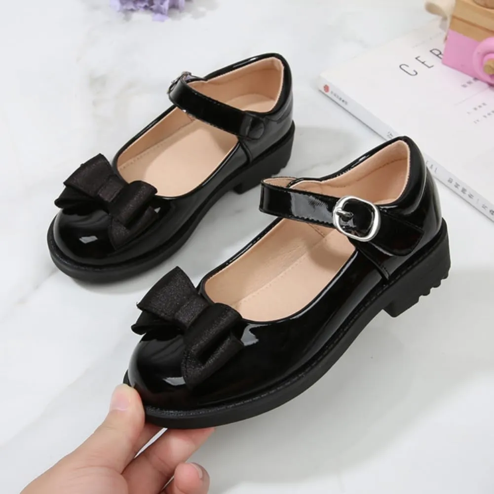 Girls Front Bow Mary Jane Dress Shoes Formal Party Performance Casual Flats Footwear for Toddler Little Kids