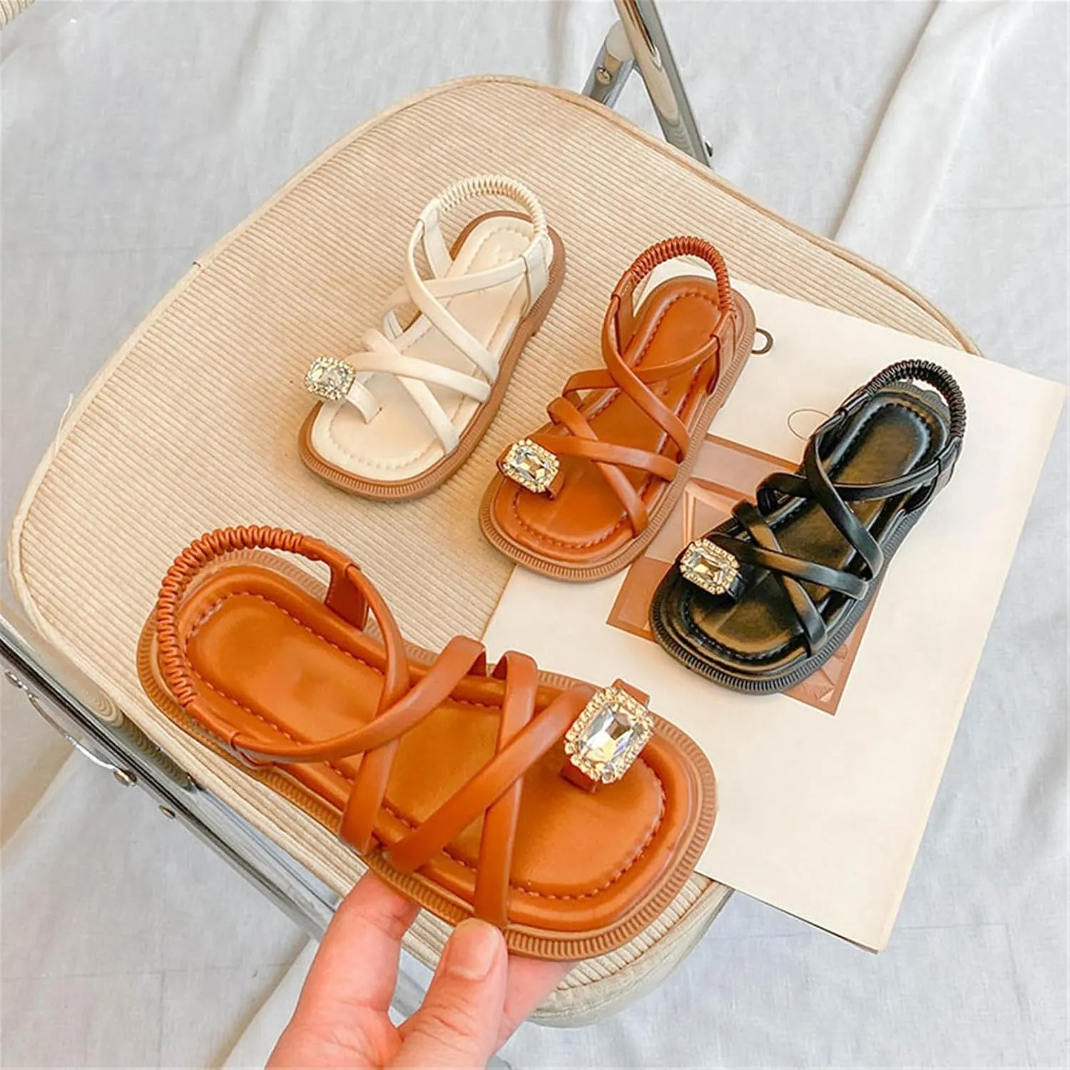 Girls Open Toe Cute No Heels Dress Sandals Strappy Summer Elastic Ankle Strap Soft Platform Shoes for Beach Pool