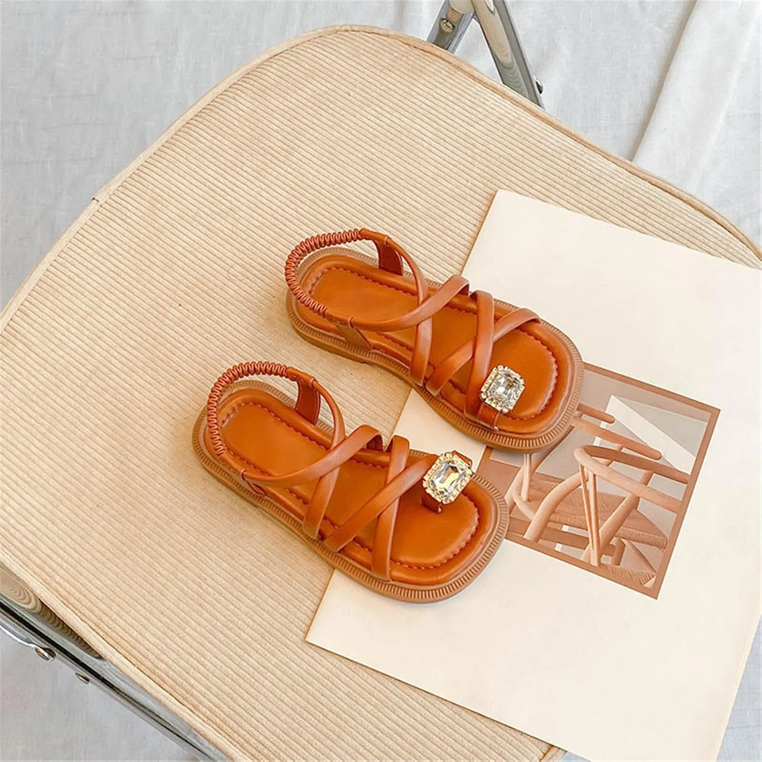 Girls Open Toe Cute No Heels Dress Sandals Strappy Summer Elastic Ankle Strap Soft Platform Shoes for Beach Pool