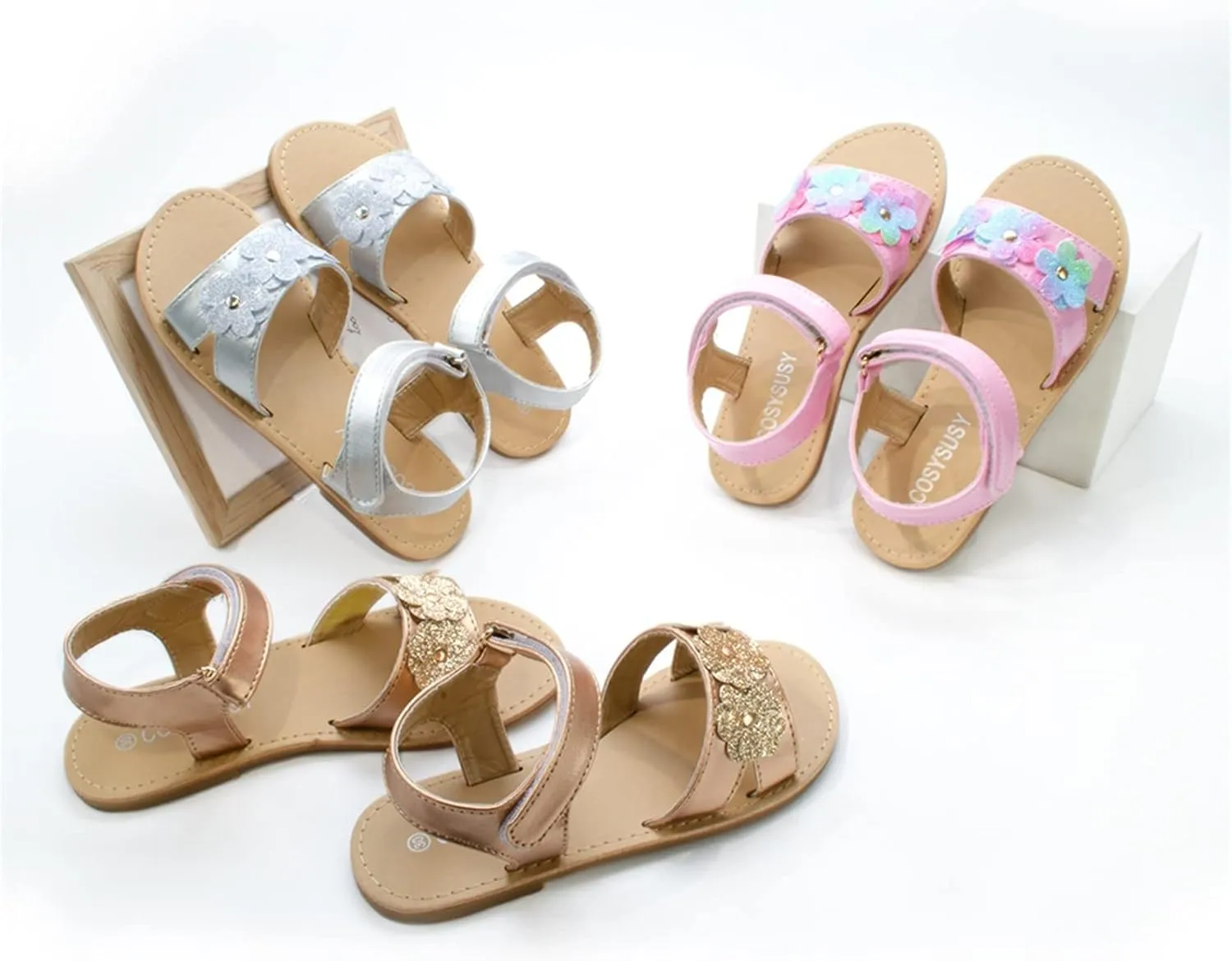 Girls Open Toe Flat Sandals with Cute Flower Breathable Open Toe Wedding Shoes for Kids Knee High Slipper Girls