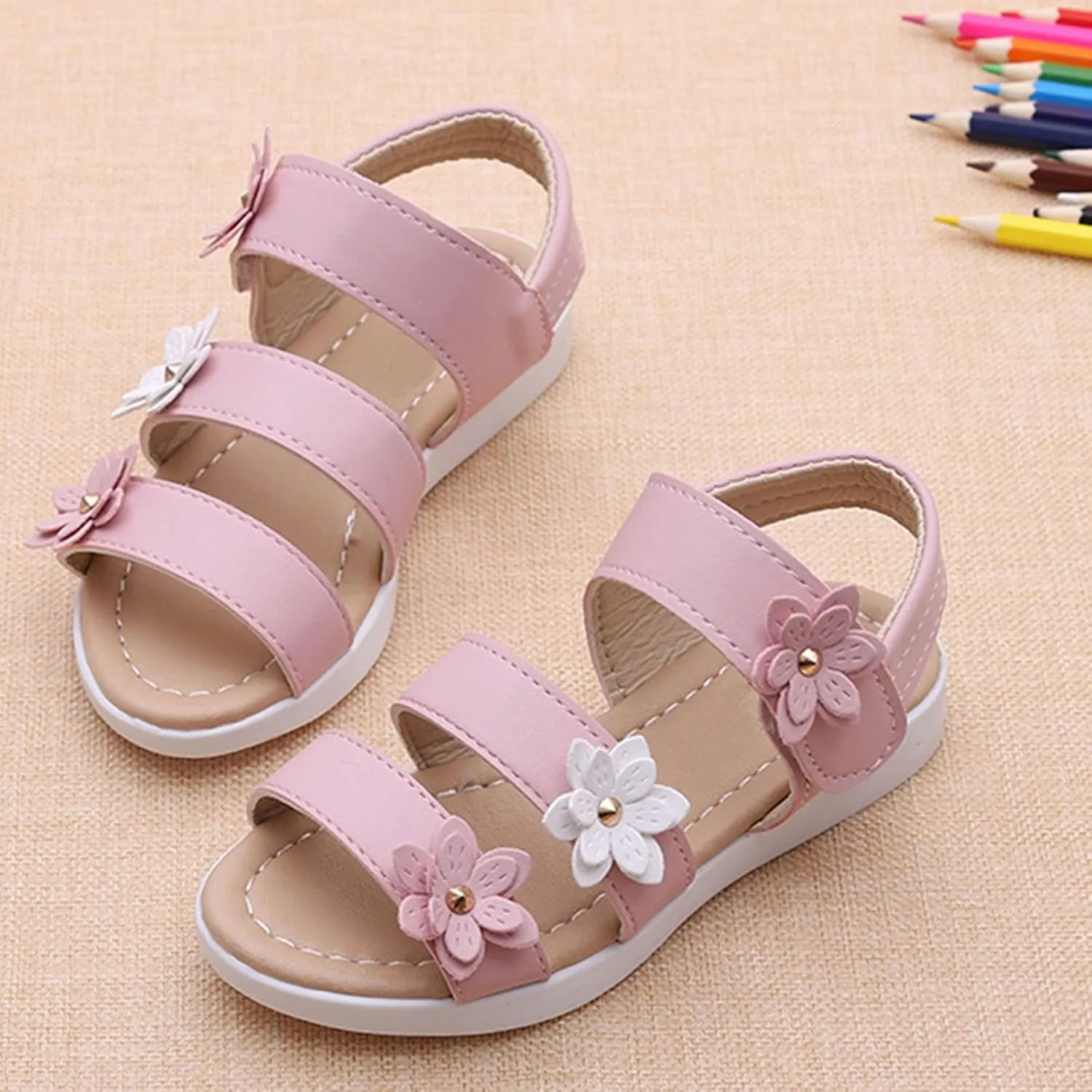 Girl's Open Toe Flowers Sandals Summer Cute Beach Play Flat Shoes for Kids Soft Sole Wedding Party Prom Shoes