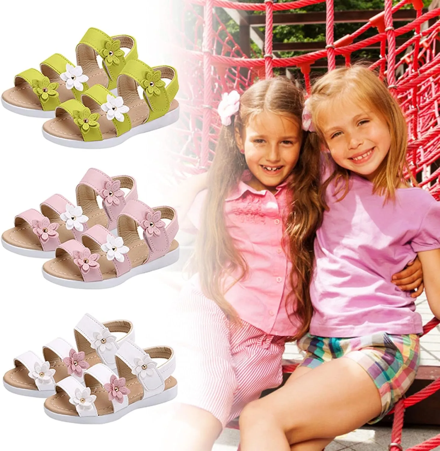Girl's Open Toe Flowers Sandals Summer Cute Beach Play Flat Shoes for Kids Soft Sole Wedding Party Prom Shoes