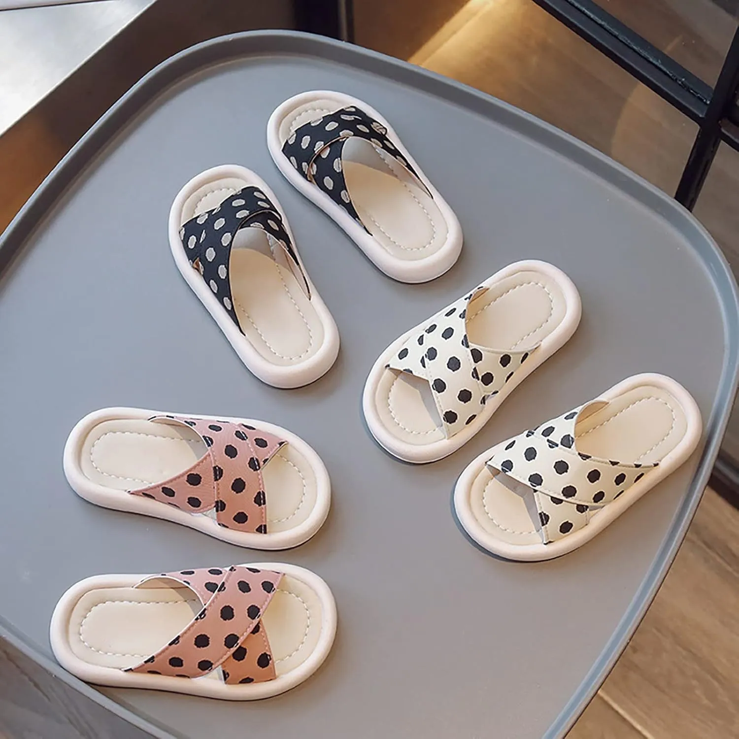 Girls Polka Dot Slides Soft Sole Anti Slip Open Toe Beach Swim Pool Water Sandals Kids Bedroom Slippers Little Girls
