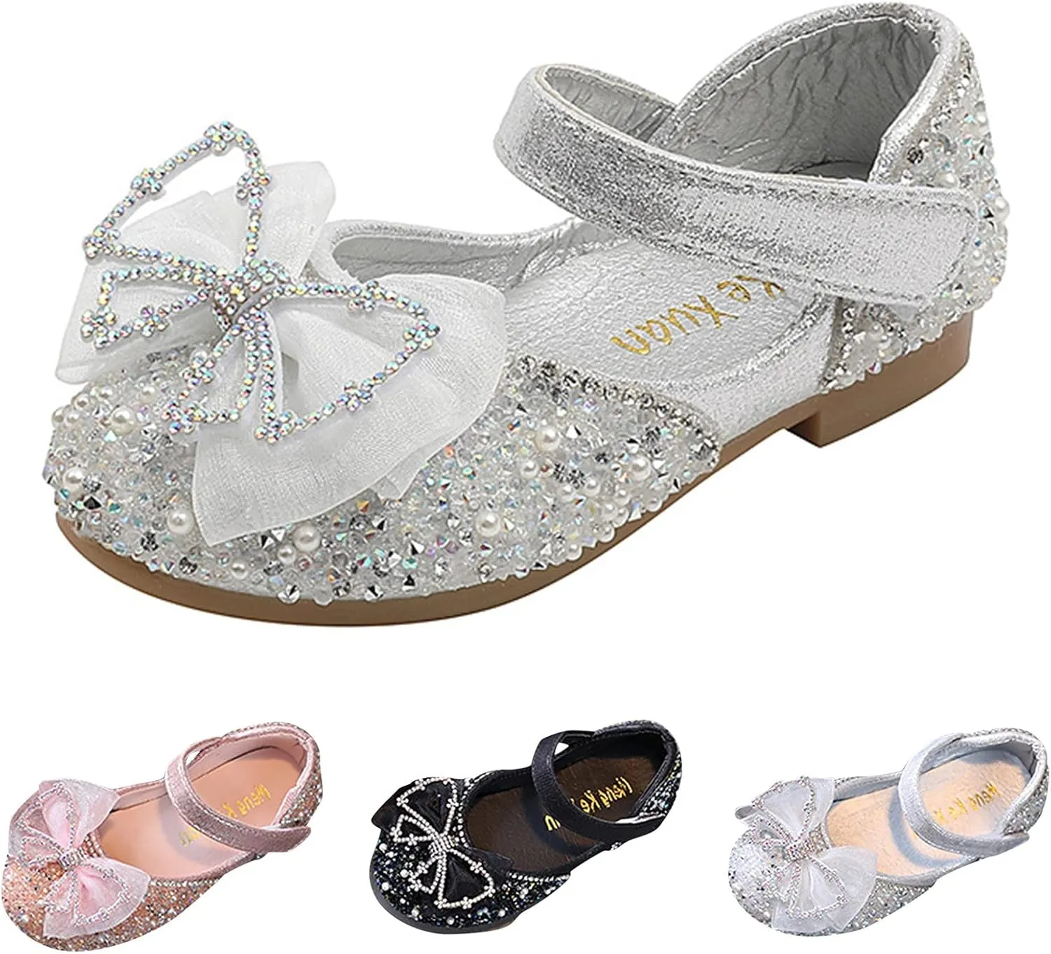 Girls Sparkly Performance Sandals Leather Sequin Princess Dress Bowknot Shoes Toddler Kids Buckle Strap Flats