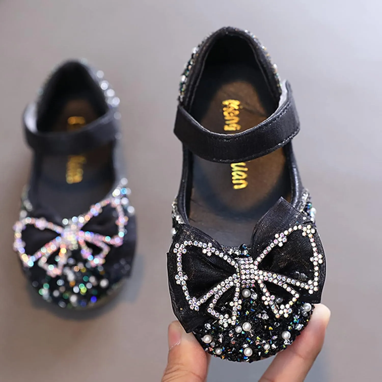 Girls Sparkly Performance Sandals Leather Sequin Princess Dress Bowknot Shoes Toddler Kids Buckle Strap Flats