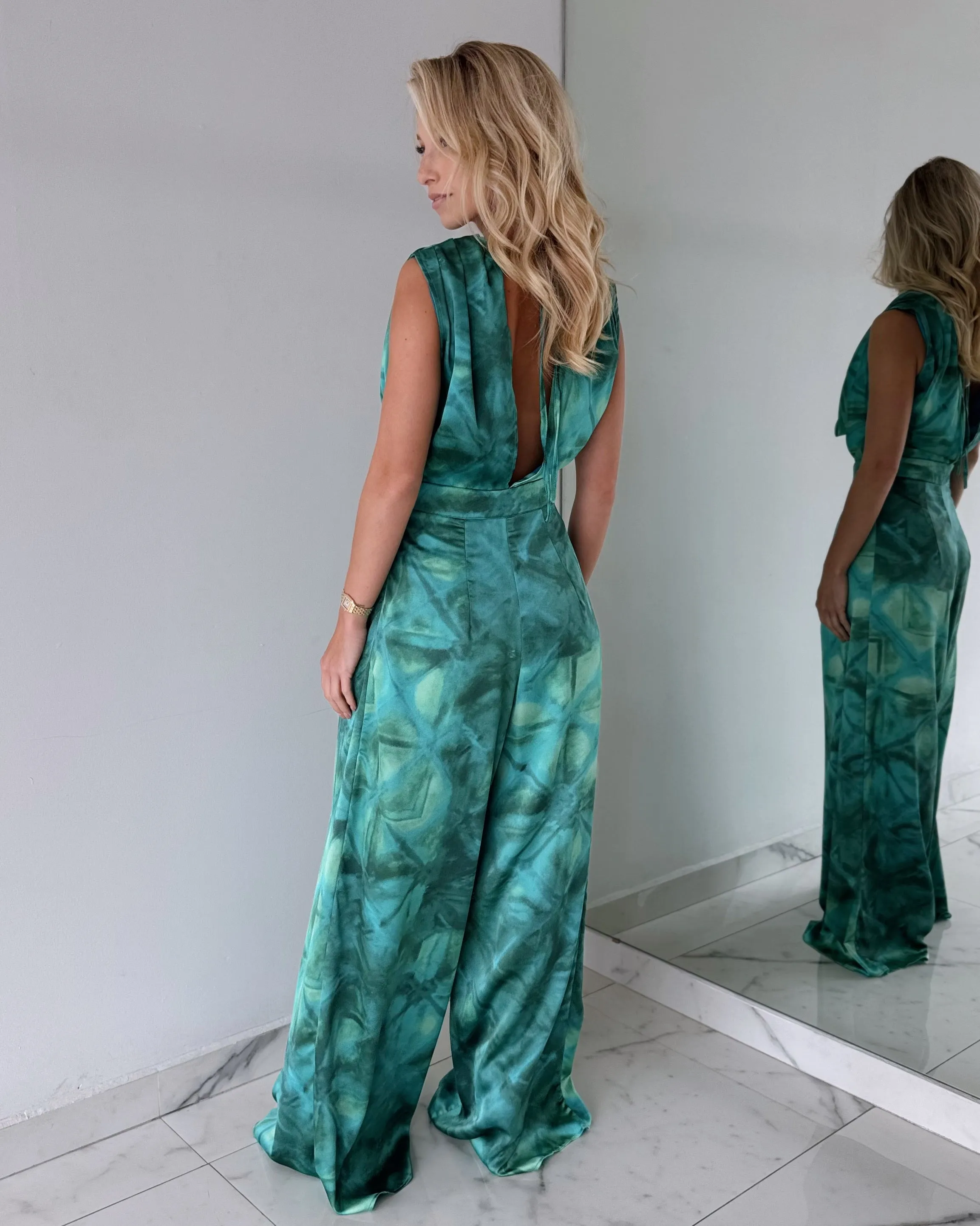 Green Print Open Back Jumpsuit