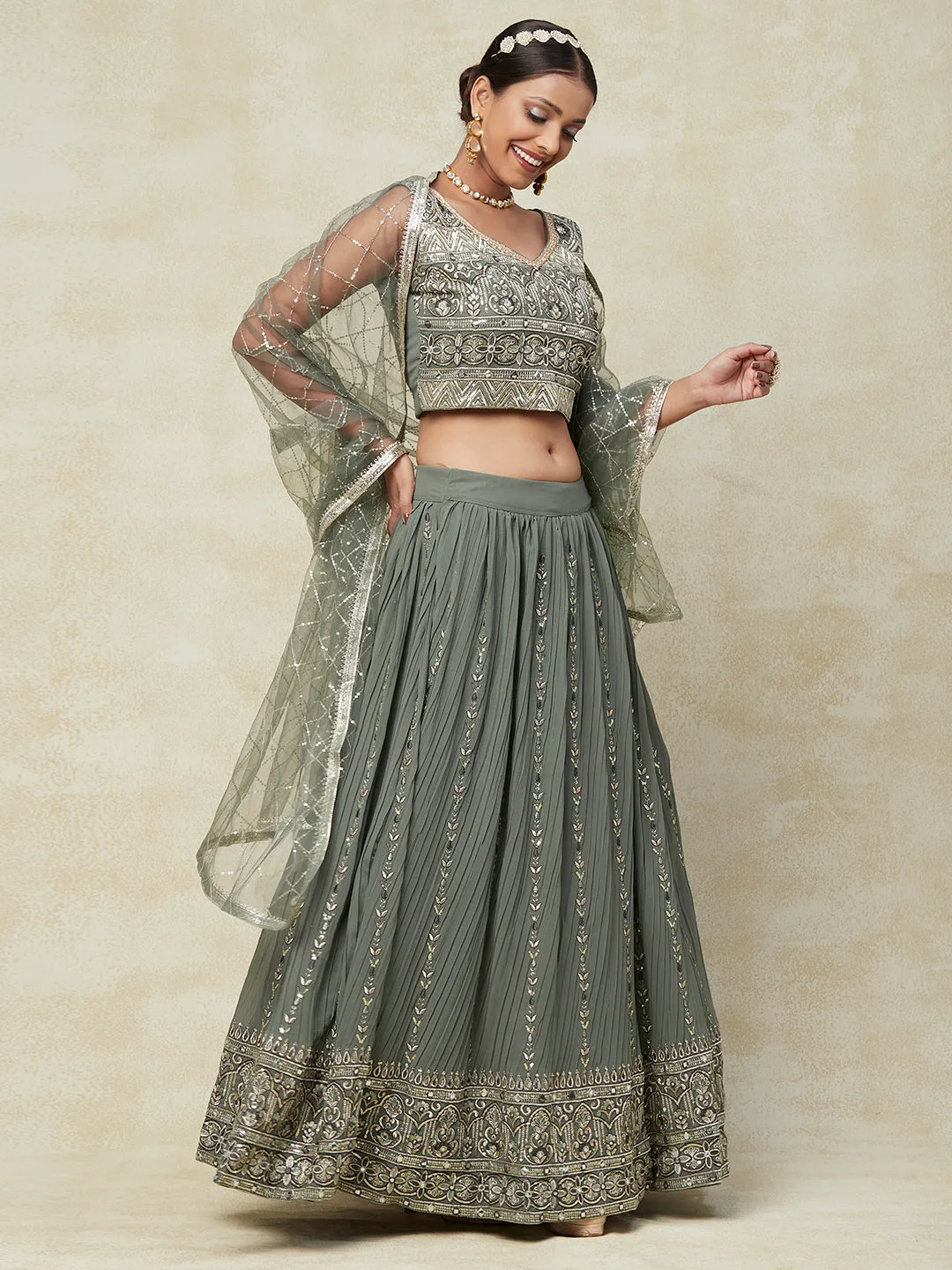 Grey Georgette Lehenga With Embroidery