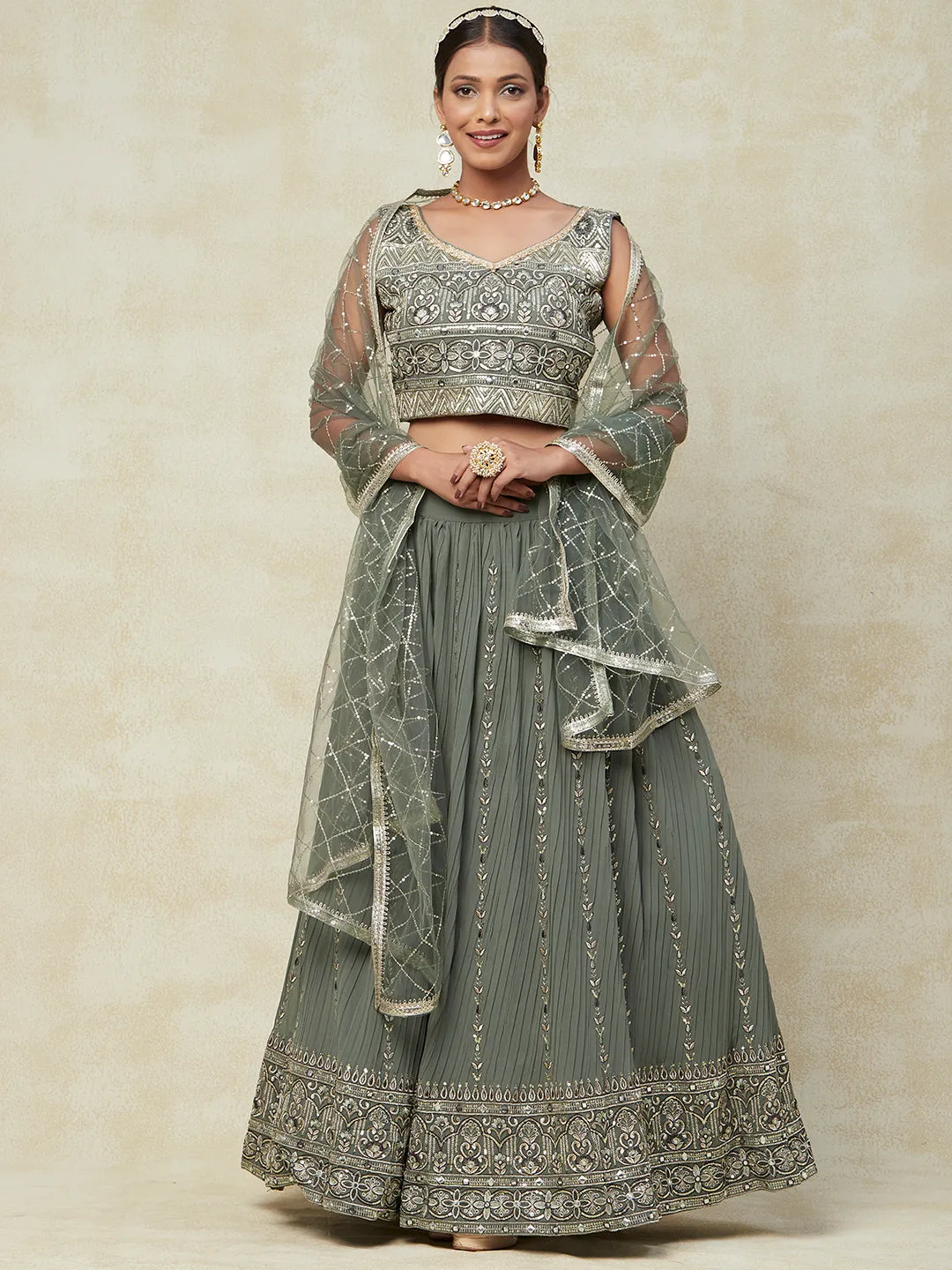 Grey Georgette Lehenga With Embroidery