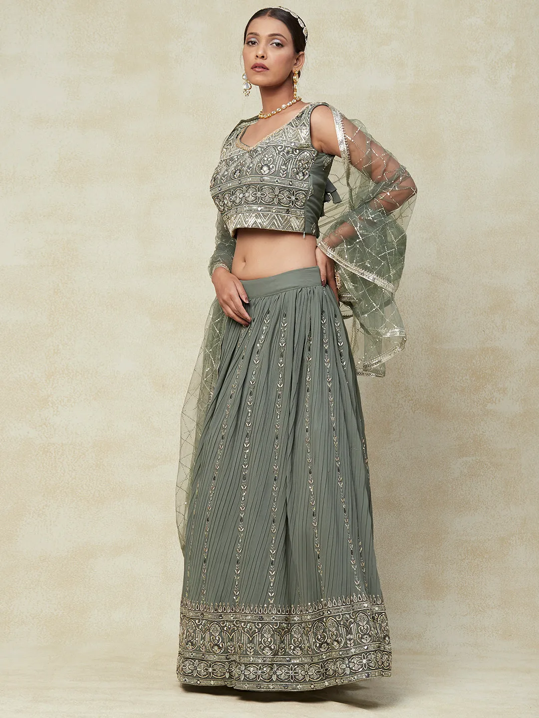 Grey Georgette Lehenga With Embroidery