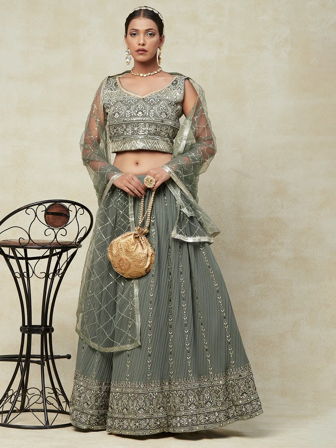Grey Georgette Lehenga With Embroidery