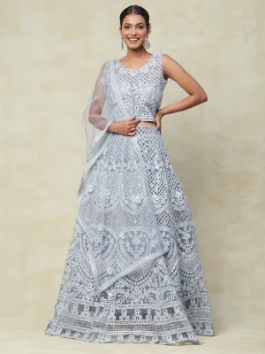 Grey Net Mesh Lehenga With Mirrorwork