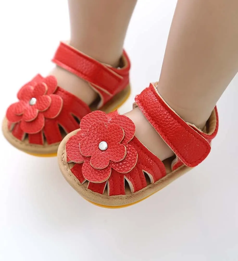 Infant Baby Girl PU Leather Flowers Sandals Soft Closed Toe Dress Shoes Toddler Baby Girl Summer Beach Sandals