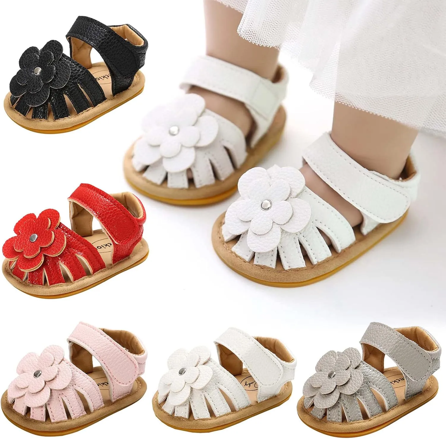 Infant Baby Girl PU Leather Flowers Sandals Soft Closed Toe Dress Shoes Toddler Baby Girl Summer Beach Sandals