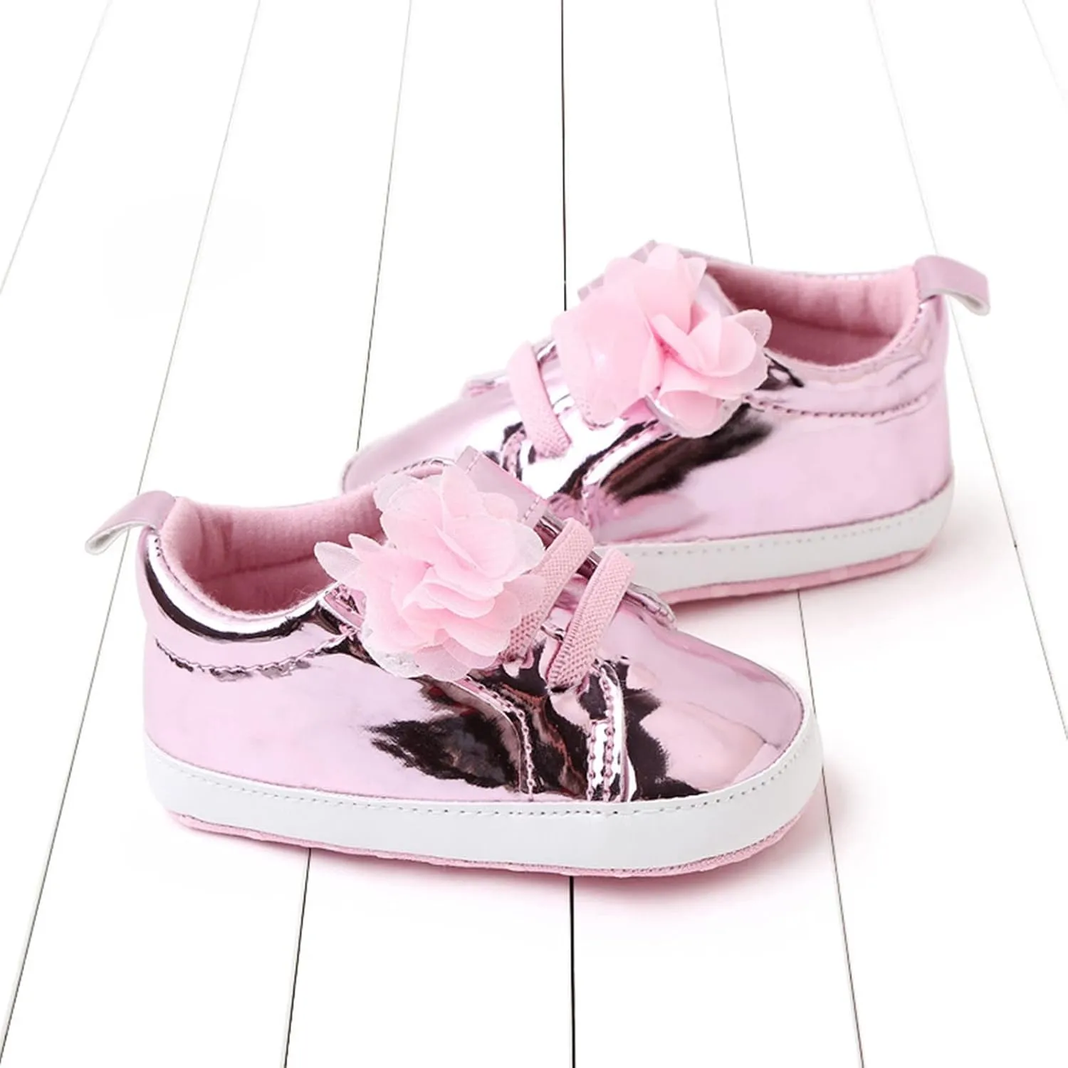 Infant Baby Girls Flower PU Leather Sneakers Soft Sole Anti-Slip Newborn Toddler Solid Shiny Ankle Dress Shoes Baby