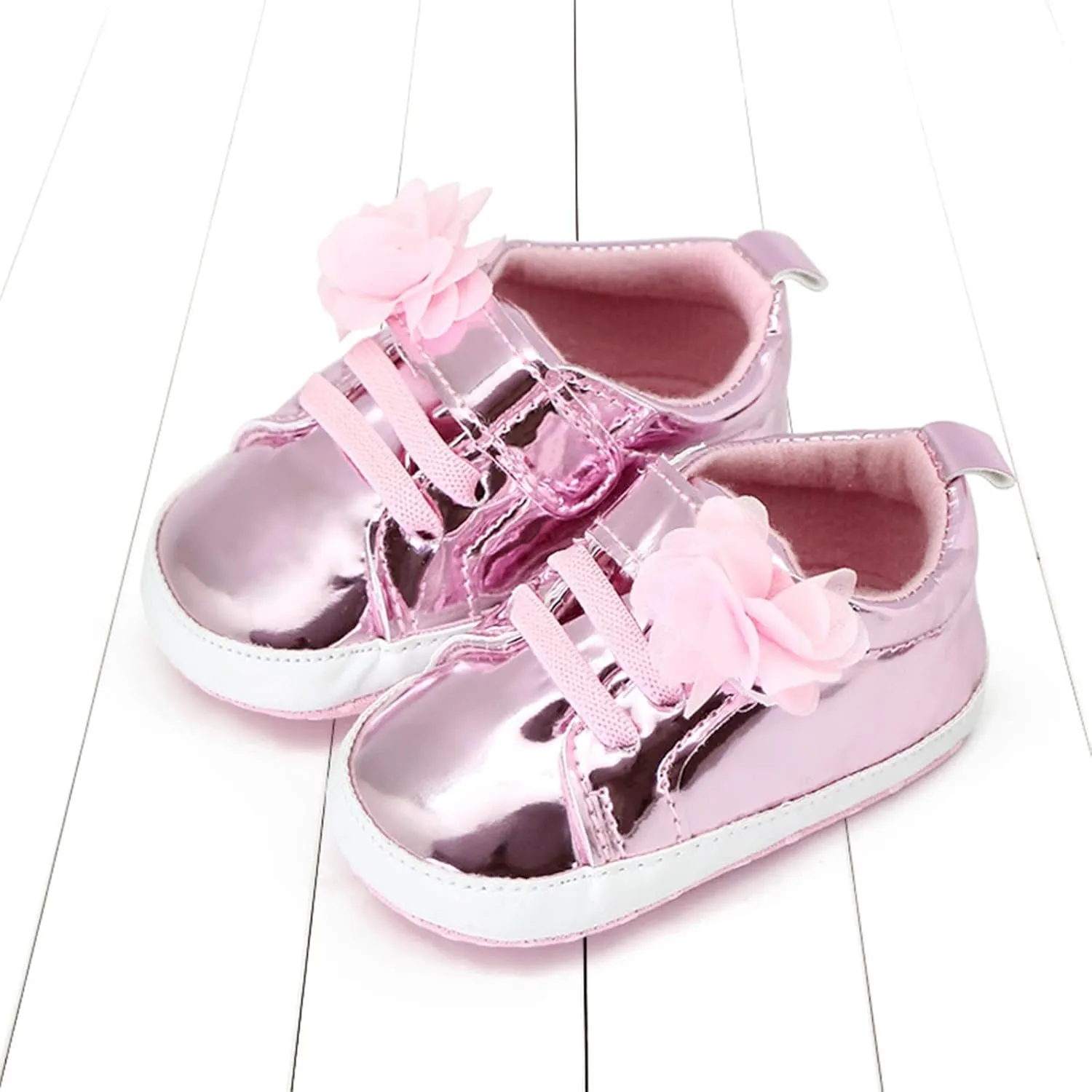 Infant Baby Girls Flower PU Leather Sneakers Soft Sole Anti-Slip Newborn Toddler Solid Shiny Ankle Dress Shoes Baby