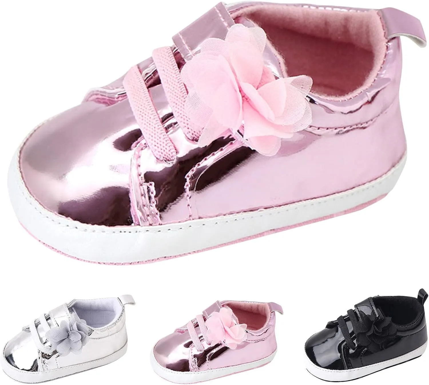Infant Baby Girls Flower PU Leather Sneakers Soft Sole Anti-Slip Newborn Toddler Solid Shiny Ankle Dress Shoes Baby