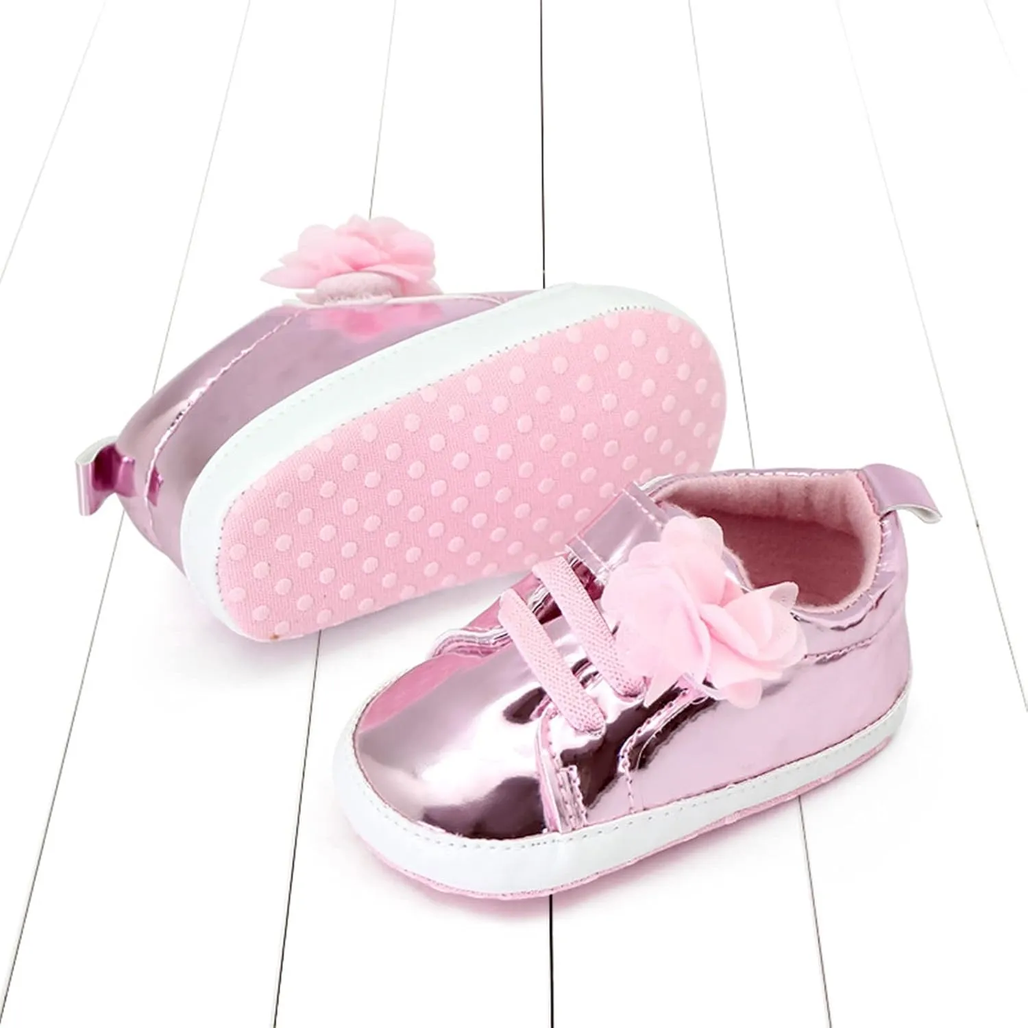 Infant Baby Girls Flower PU Leather Sneakers Soft Sole Anti-Slip Newborn Toddler Solid Shiny Ankle Dress Shoes Baby
