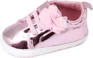 Infant Baby Girls Flower PU Leather Sneakers Toddler Solid Color Soft Sole Anti-Slip Shiny Strap Ankle Dress Shoes