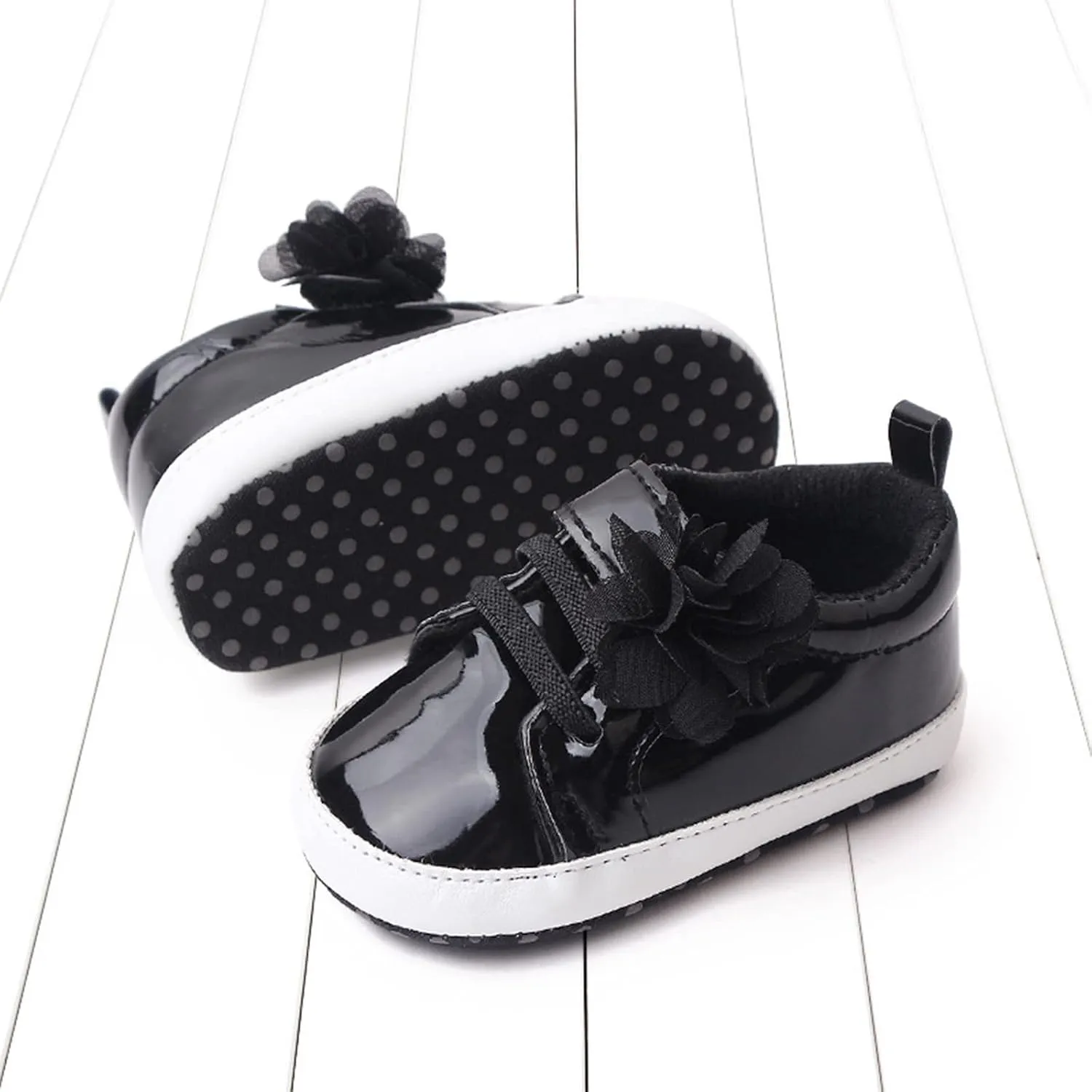 Infant Baby Girls Flower PU Leather Sneakers Toddler Solid Color Soft Sole Anti-Slip Shiny Strap Ankle Dress Shoes
