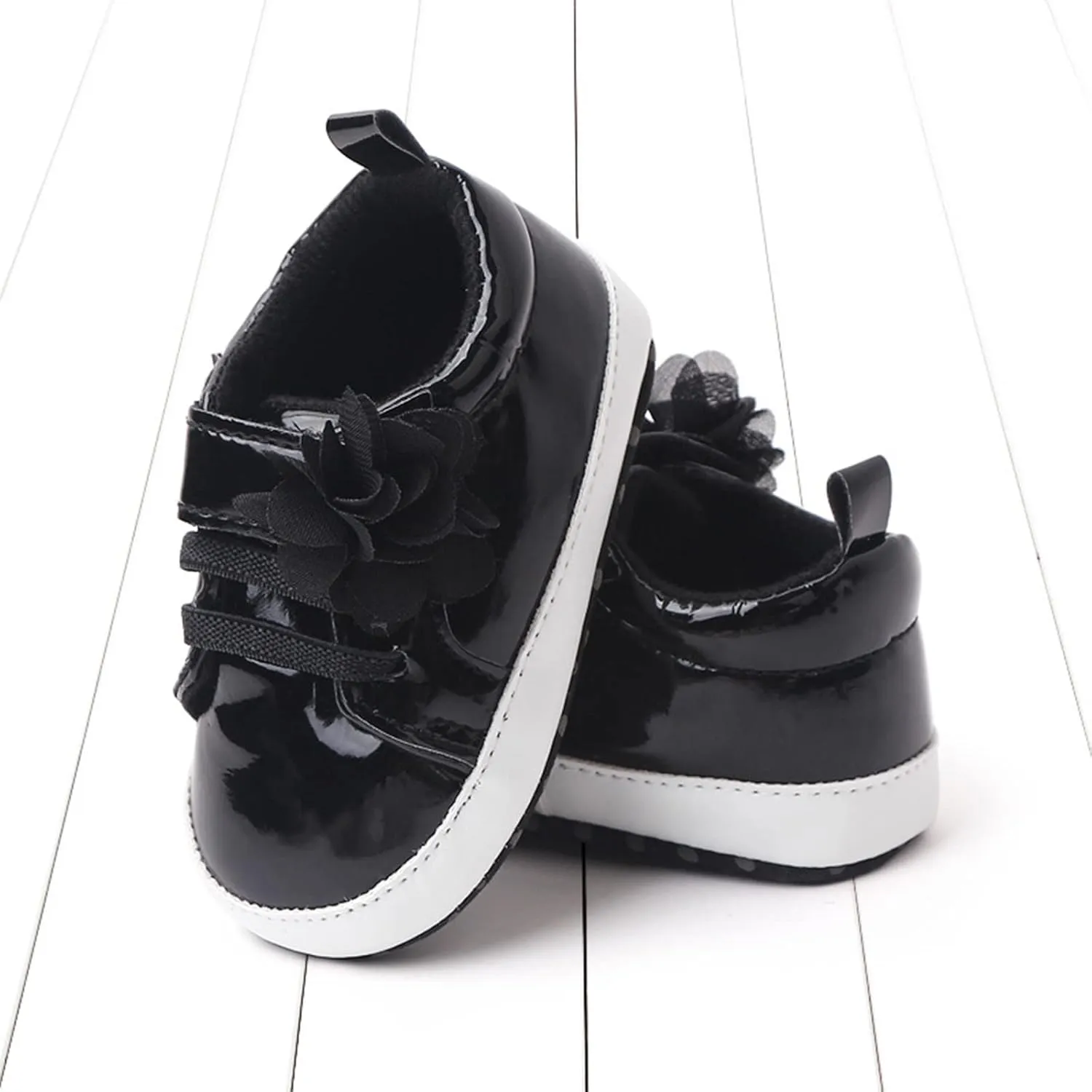 Infant Baby Girls Flower PU Leather Sneakers Toddler Solid Color Soft Sole Anti-Slip Shiny Strap Ankle Dress Shoes