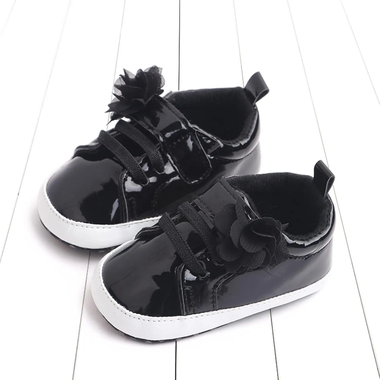 Infant Baby Girls Flower PU Leather Sneakers Toddler Solid Color Soft Sole Anti-Slip Shiny Strap Ankle Dress Shoes