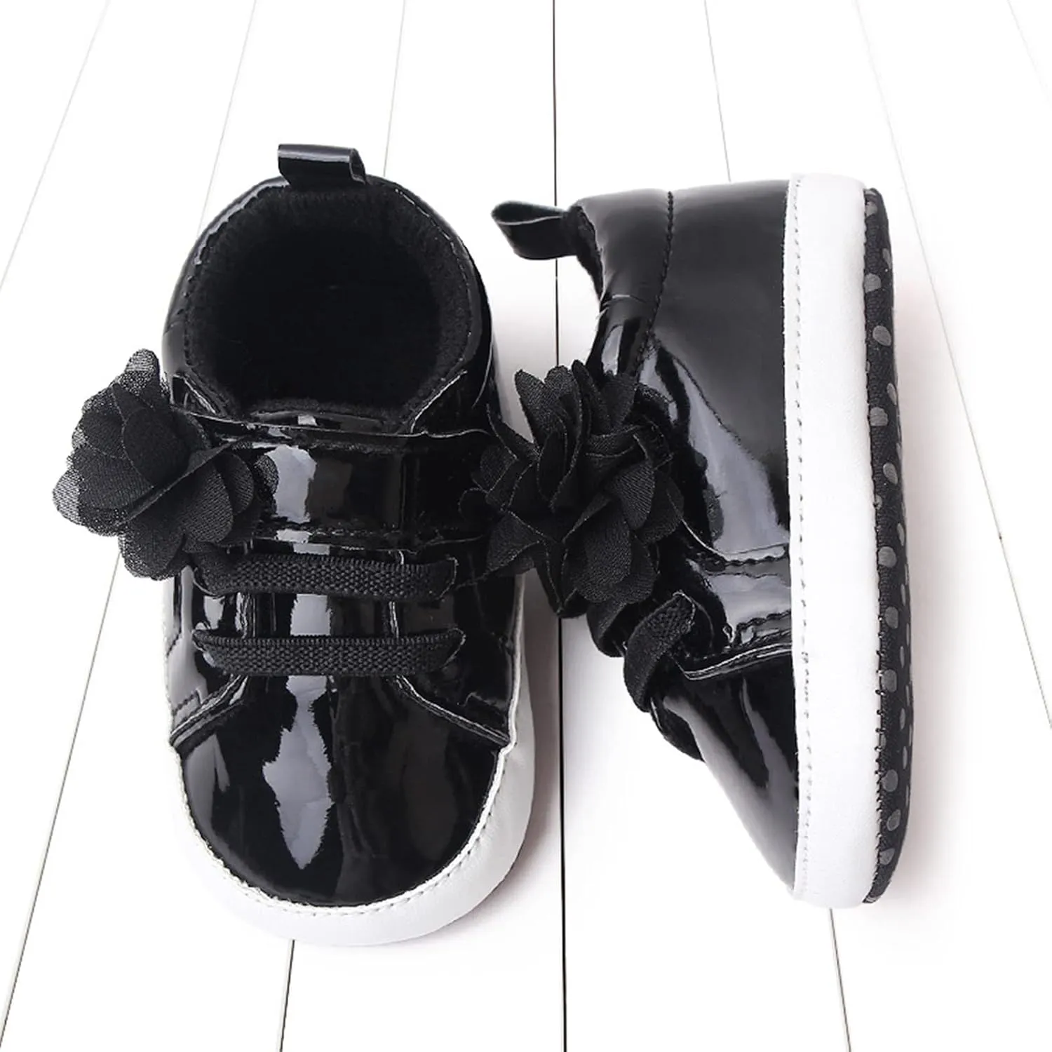 Infant Baby Girls Flower PU Leather Sneakers Toddler Solid Color Soft Sole Anti-Slip Shiny Strap Ankle Dress Shoes