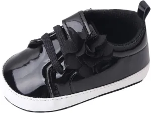 Infant Baby Girls Flower PU Leather Sneakers Toddler Solid Color Soft Sole Anti-Slip Shiny Strap Ankle Dress Shoes